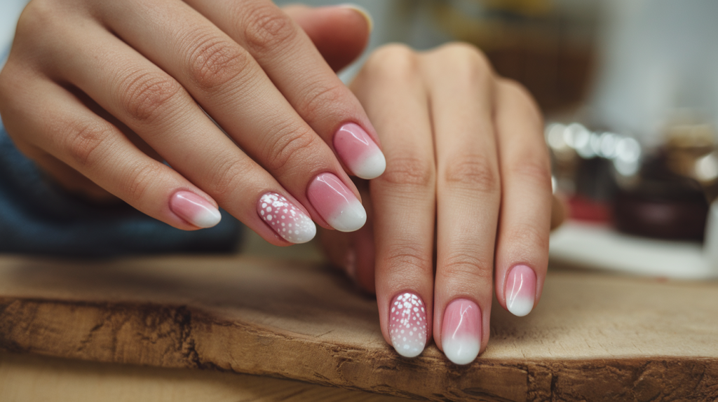 A photo of a woman's hands with ombre nails. The nails have a gradient of pink to white. The pink part of the nail has a few small, white polka dots. The nails are neatly filed and have a glossy finish. The hands are placed on a wooden surface. The background is blurred and contains a few objects.