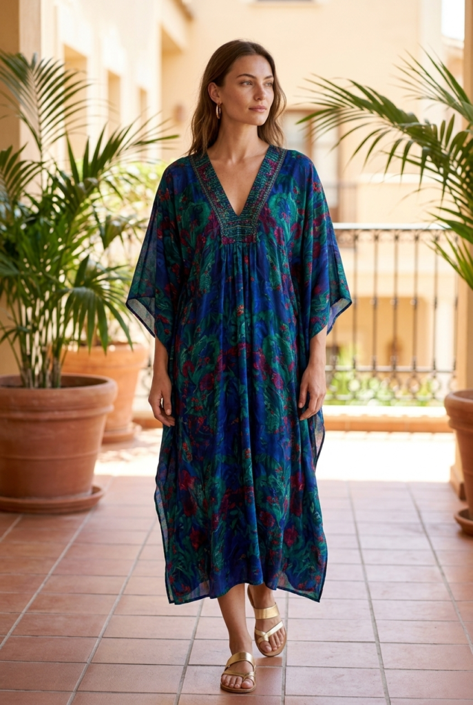A Breezy Caftan or Kaftan Dress A woman wearing a flowing jewel toned printed caftan dress with gold sandals and hoop earrings at a bright resort terrace