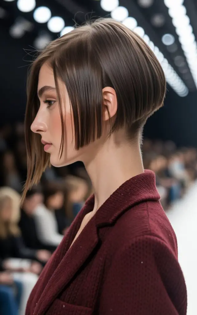 A-Line Bob haircut with graduated angle shorter in back and longer front pieces framing face