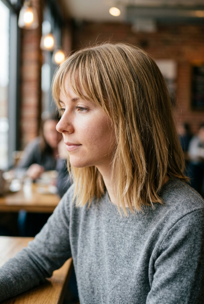Woman with long bob and wispy face framing bangs