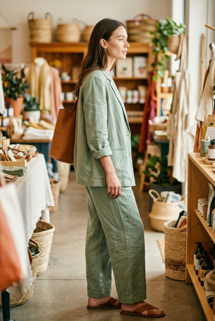 A Matching Linen Set A woman wearing a matching sage linen blazer and wide leg pants set with flat leather sandals inside a bright lifestyle boutique