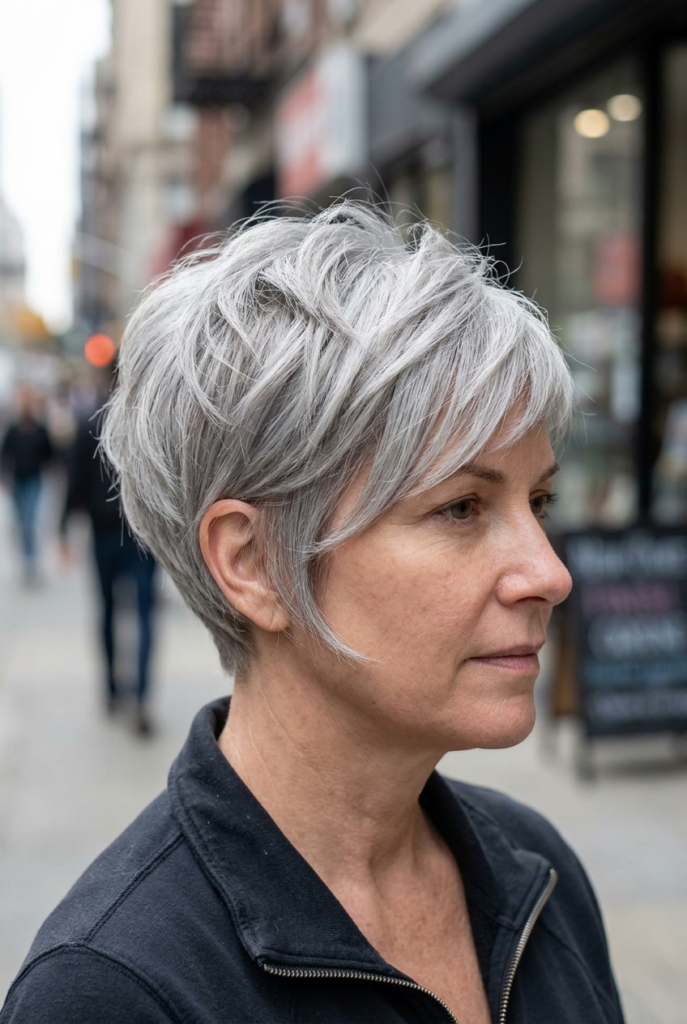 Woman with textured pixie cut and height at the crown