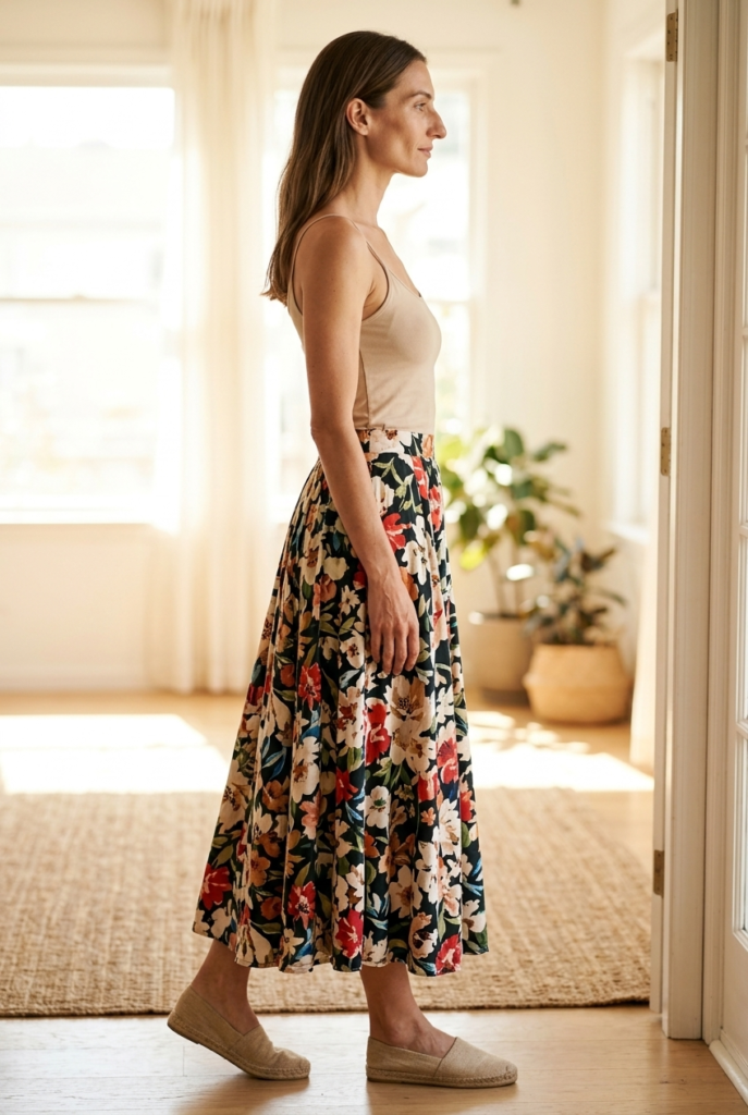 A Printed Maxi Skirt + Fitted Cami A woman wearing a bold floral printed maxi skirt and fitted cami inside a bright home interior