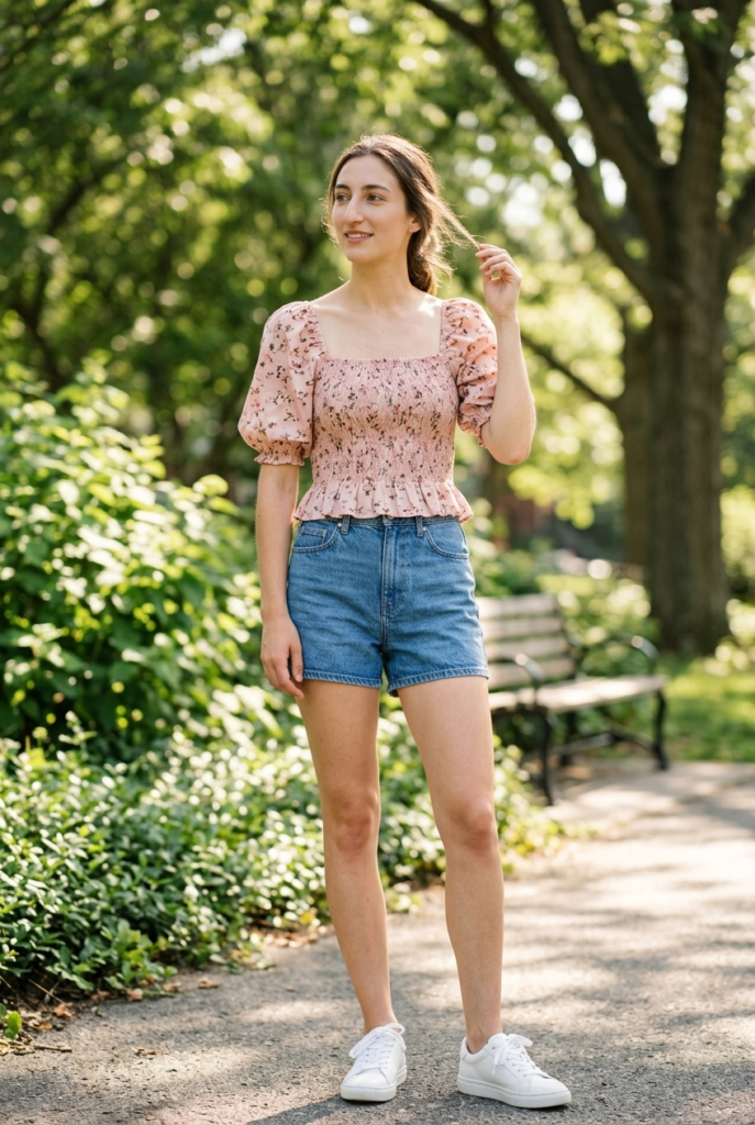 A Puff-Sleeve Floral Top + Denim Shorts A woman wearing a blush pink puff sleeve floral top with a square neckline and mid wash denim shorts in a sunny neighborhood park