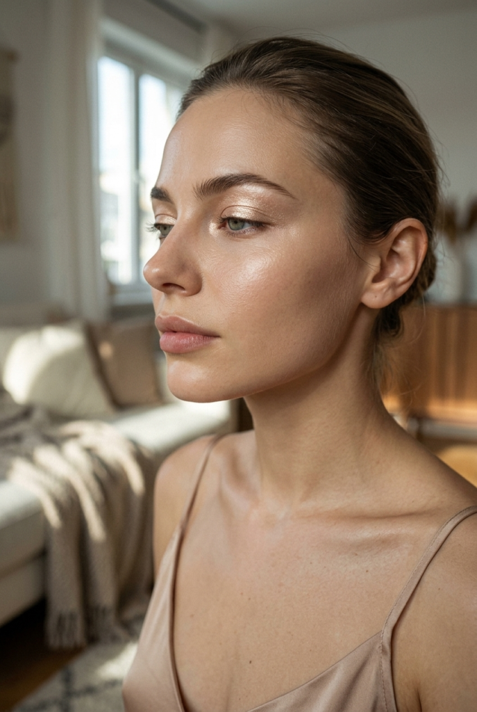 Woman with a single wash of shimmery gold eyeshadow in side profile in a home interior wearing a satin slip dress