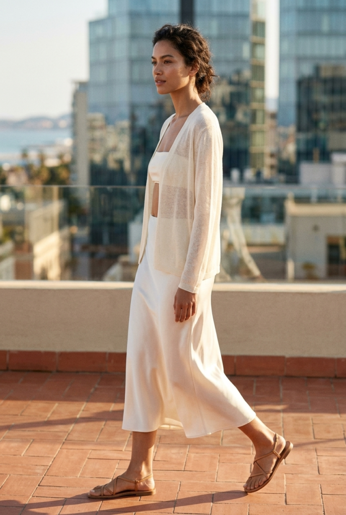 A Slip Skirt + Sheer Button-Down A woman wearing an ivory satin slip skirt and a sheer cream button down sweater top on a sun drenched rooftop terrace