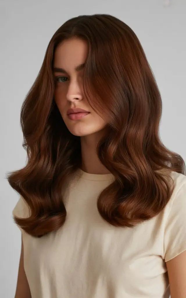 A high-fashion portrait photograph of a female
model showcasing rich chocolate brown hair dye in a full close-up shot