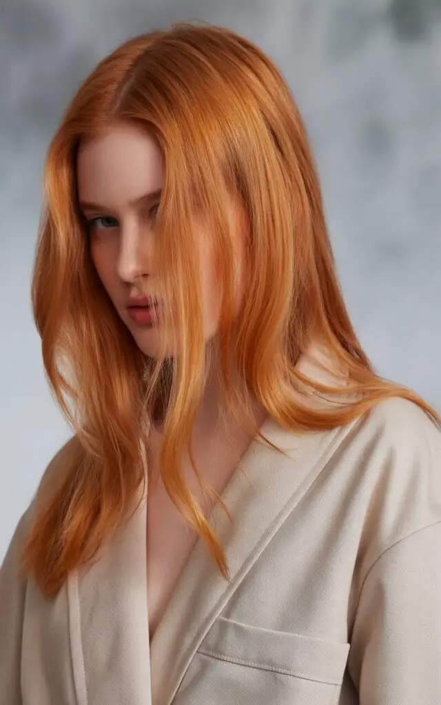 A high-fashion portrait photograph of a female
model showcasing vibrant strawberry blonde hair dye in a full close-up shot