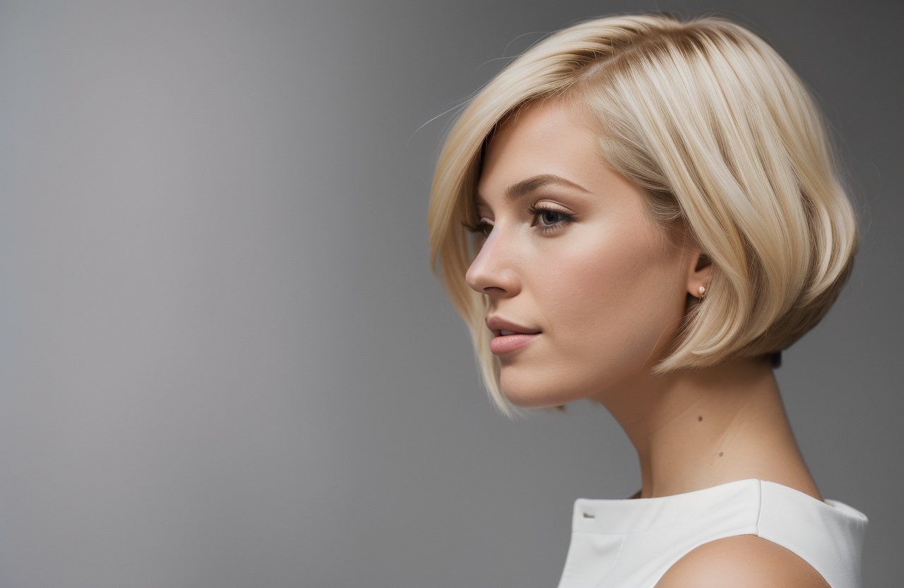 A line bob haircut with Pearl Blonde hair color