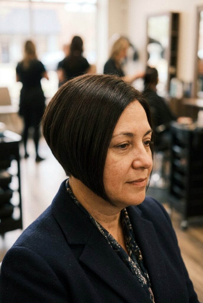 A line bob haircut with diagonal shape on a woman over 50