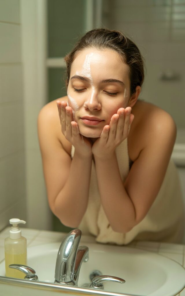 A young woman in her mid-20s at a bathroom sink washing her face with a gentle cleanser, hands cupped near her cheeks