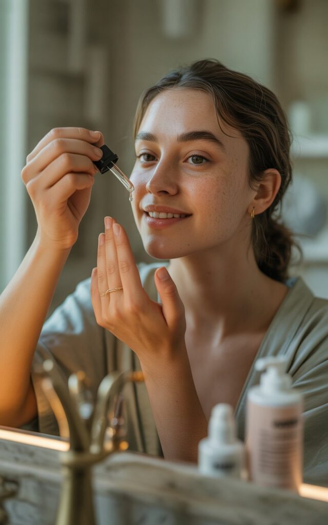 A young woman in her mid-20s at a bathroom vanity applying a few drops of serum