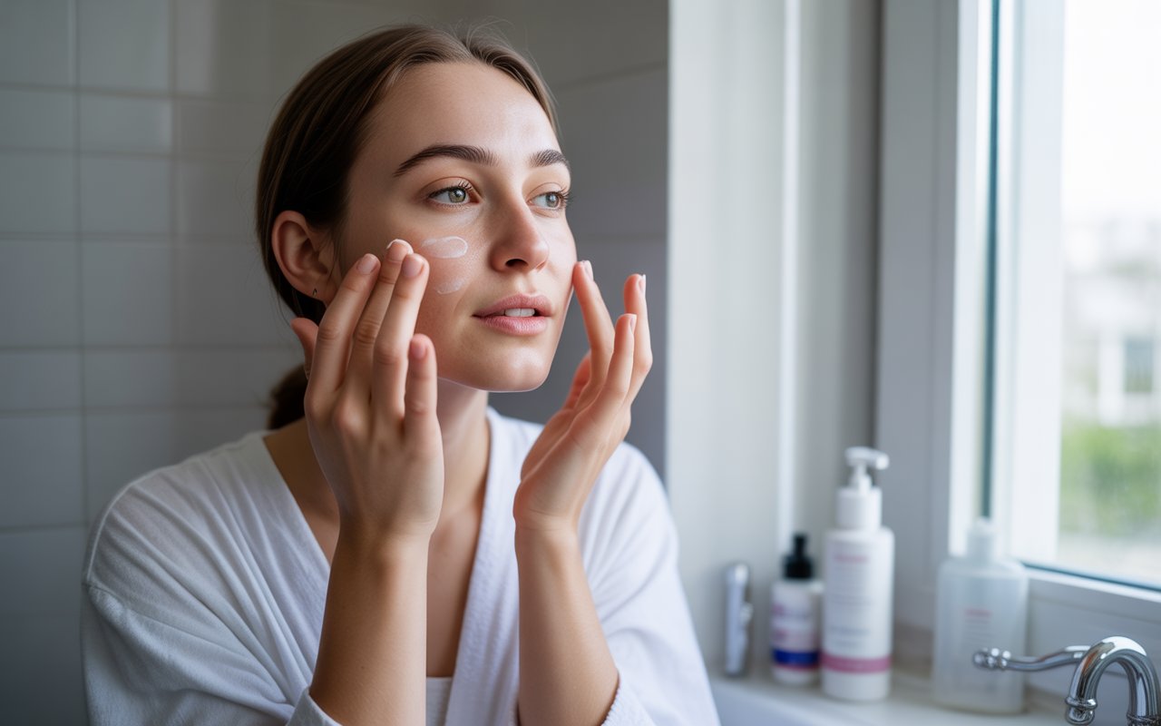 A young woman in her mid-20s sitting by a bright window doing her morning skincare routine