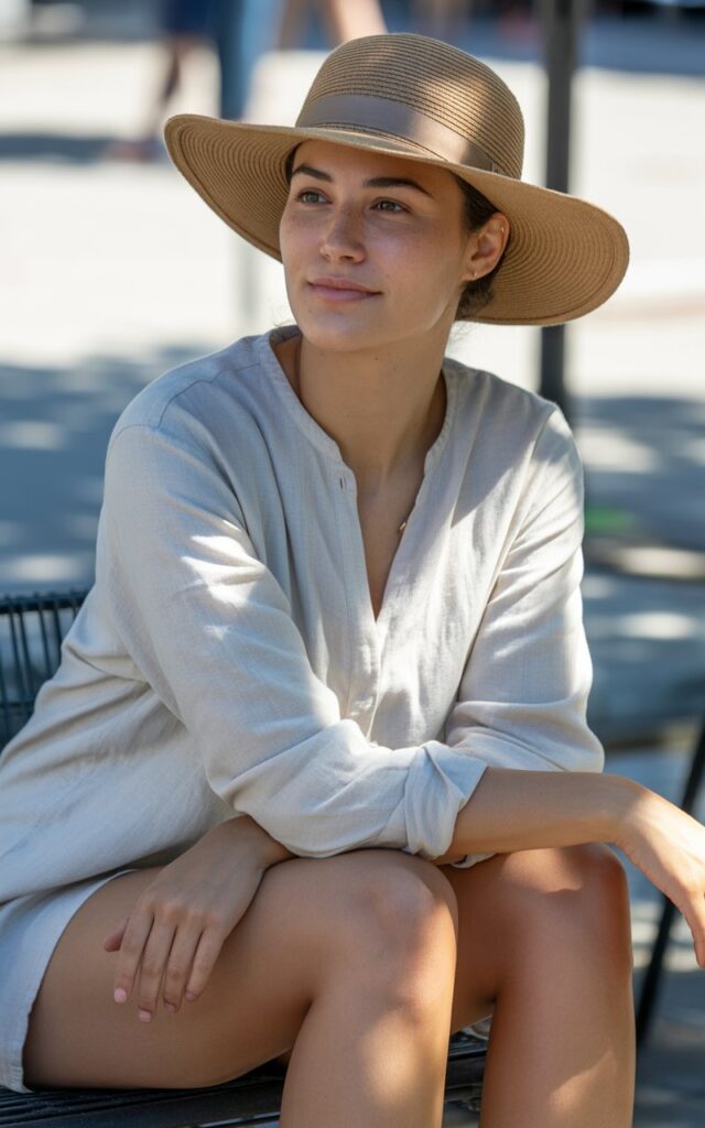 A young woman in her mid-20s sitting outdoors on a sunny day, fully covered with a wide-brim hat and light long-sleeve linen shirt