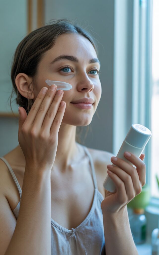 A young woman in her mid-20s standing near a bright window in the morning, applying sunscreen to her face with clean fingers