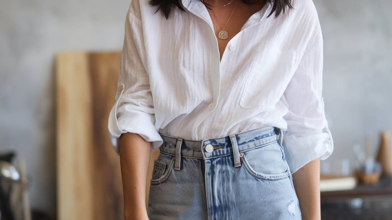 A closeup photo of a woman's casual jeans outfit. She is wearing a white shirt with rolled-up sleeves and a pair of light wash jeans. The jeans have a high waist and are slightly distressed. The woman has dark hair and wears a necklace