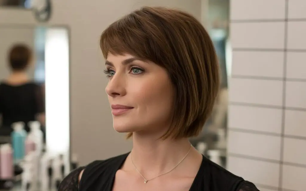 medium haircut, 45 yrs old beauty salon female model