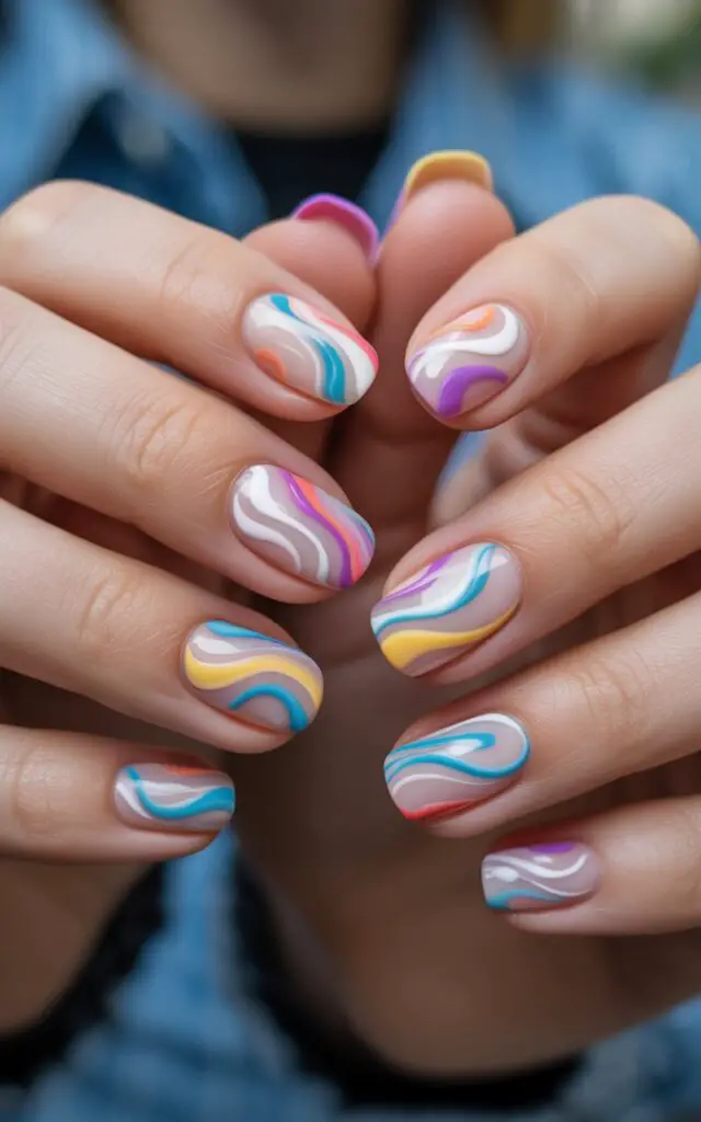 Full closeup to female hands with abstract swirl nail art featuring free-flowing curves and blended colors, multiple complementary shades in spontaneous patterns, white base with colorful swirls, unique artistic design on each nail.
