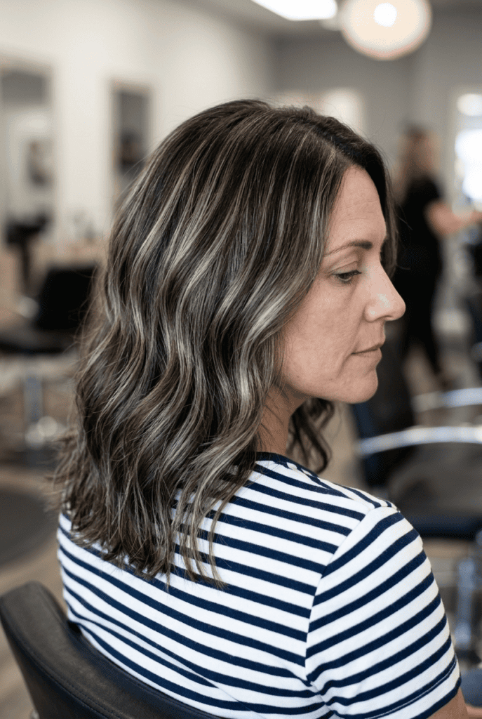 Add Lowlights for Depth and Dimension Mature woman with dark hair showing multi tonal highlights and lowlights blended together