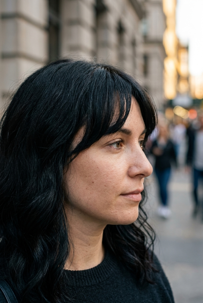 Woman with French bangs curled into soft loose waves