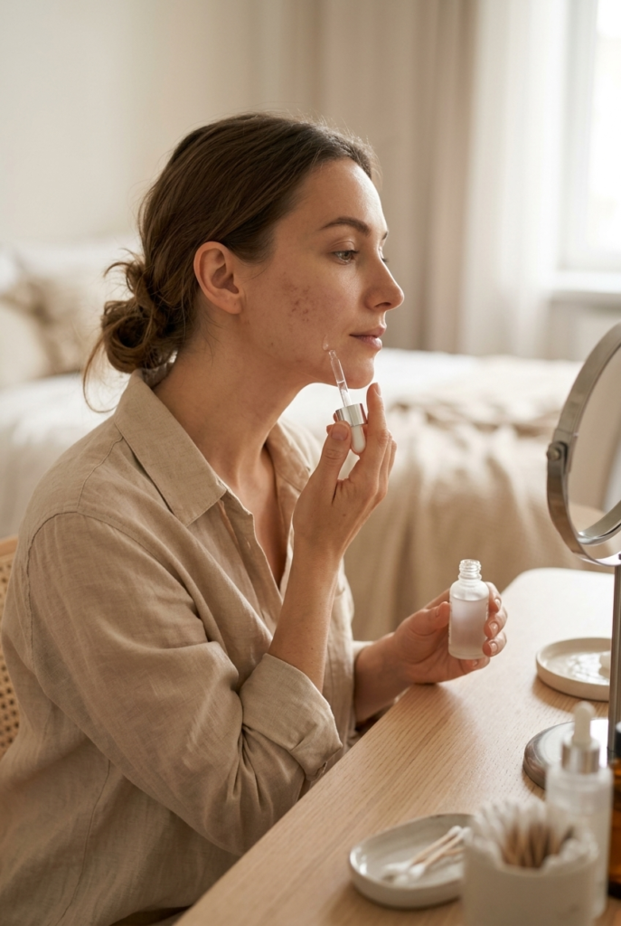 Add Niacinamide to Your Routine Woman applying niacinamide serum to her face at a bedroom vanity wearing a linen button-up shirt