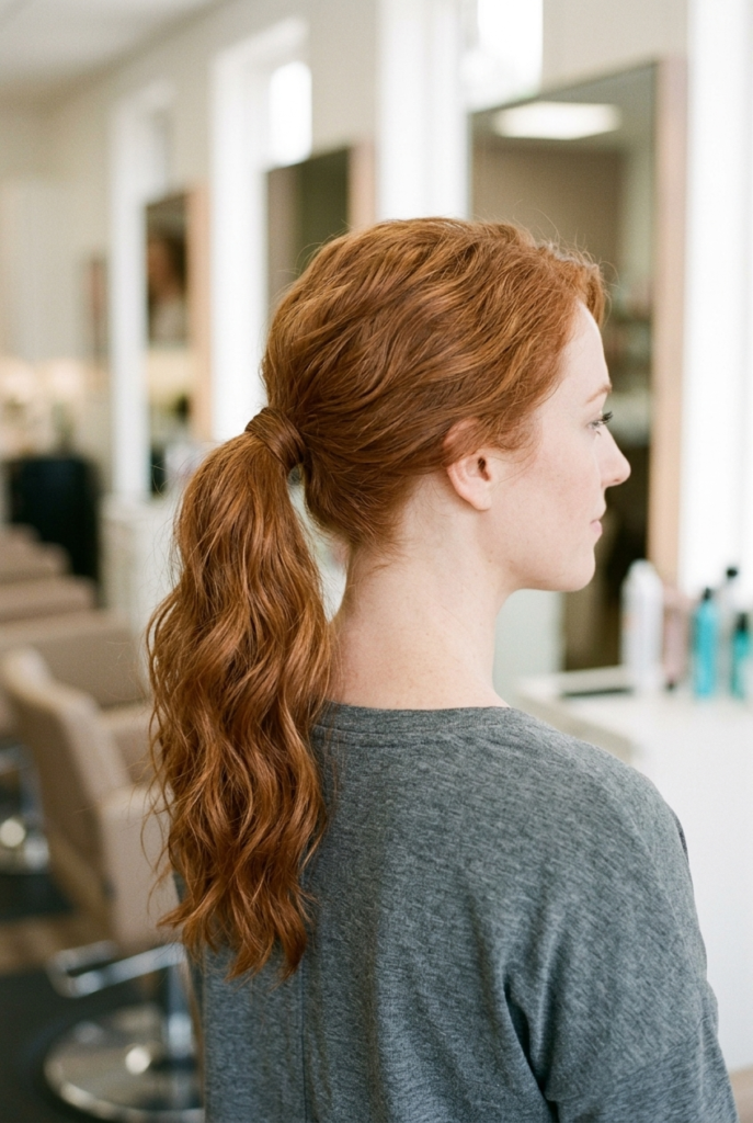 Add a Clip-In Ponytail Extension Woman with a long full ponytail showing a blended extension at the base