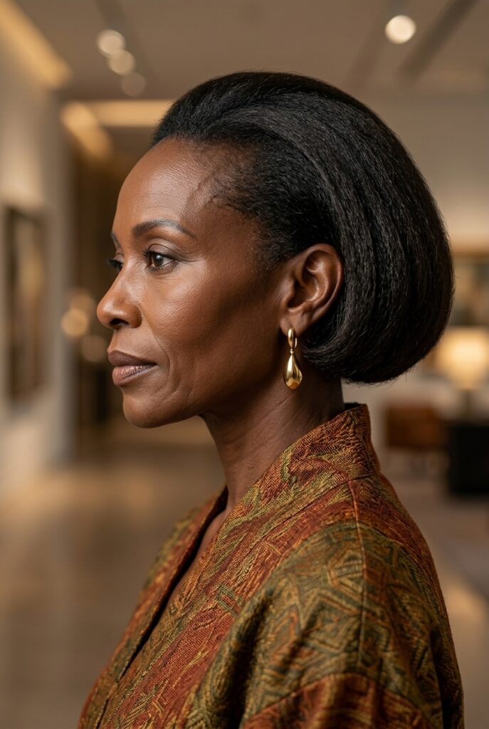 African female model in her late 50s with a soft rounded bob haircut at ear level