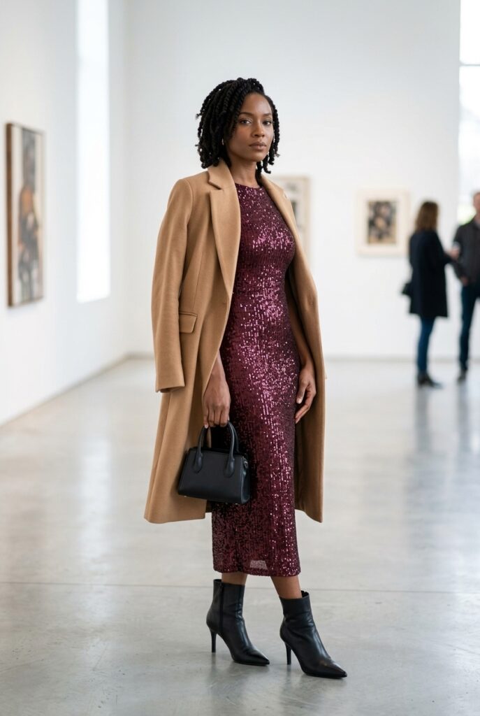 African woman in a deep burgundy sequin column dress and camel coat inside a modern gallery