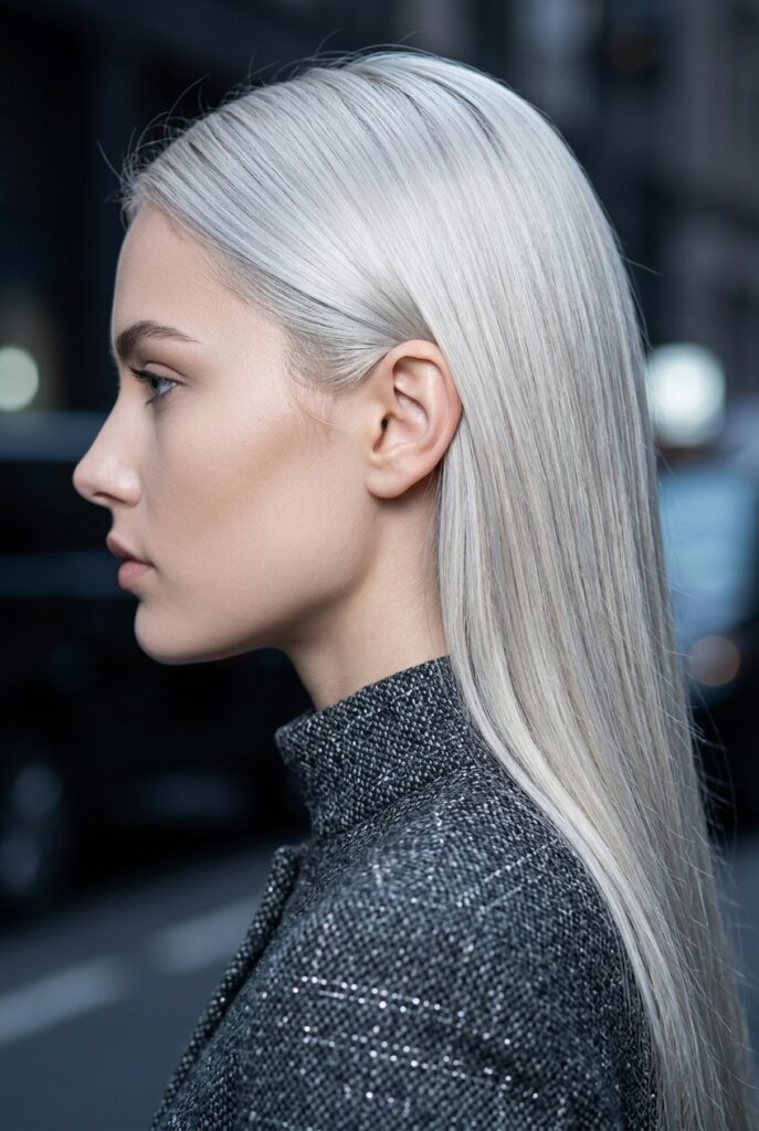 Albanian woman with Garnier charcoal bleach ultra cool platinum result