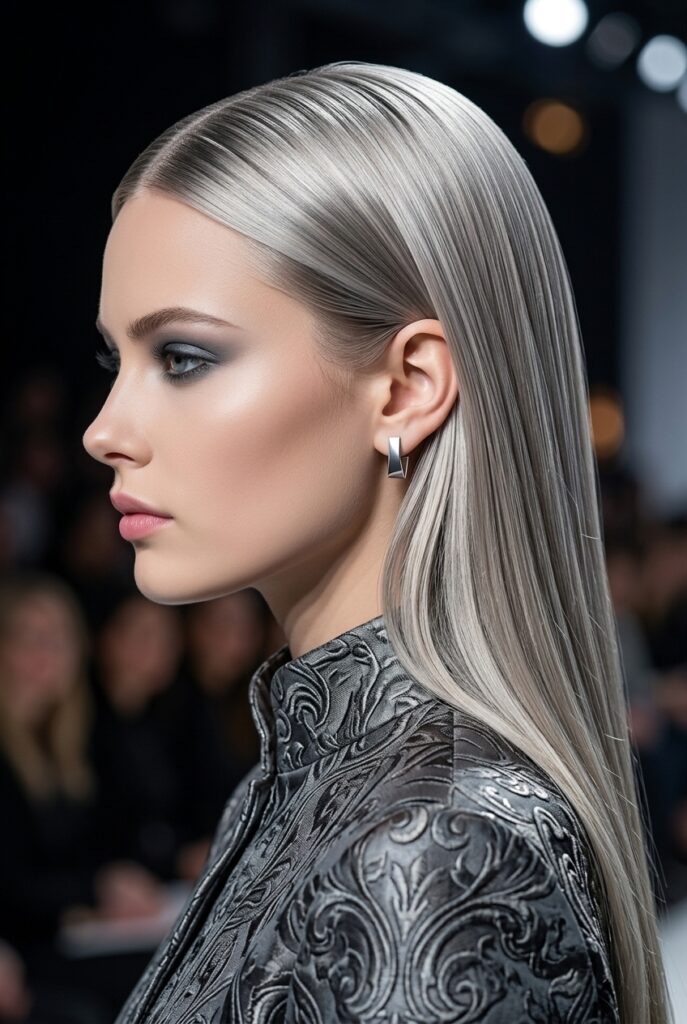 American woman with Got2b metallic silver blonde hair color