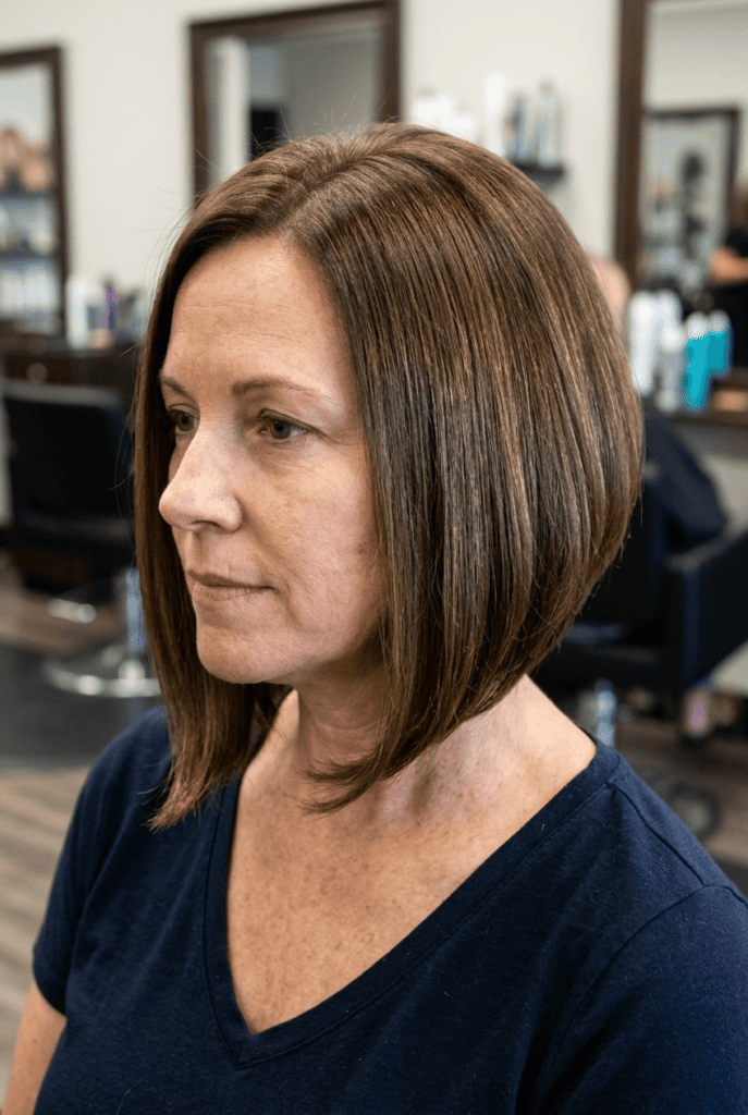 Angled bob haircut longer in front and shorter in back