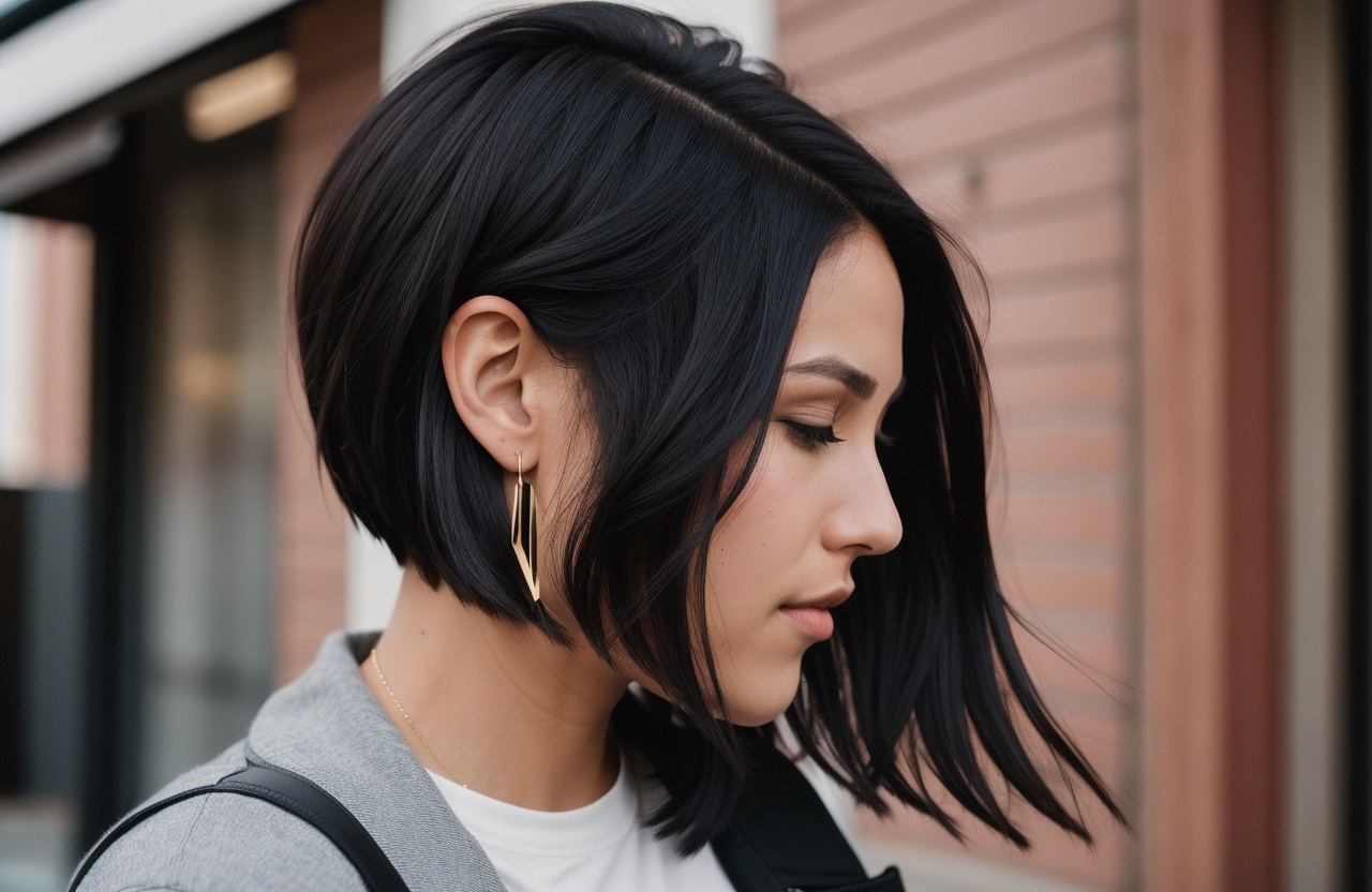 Angled Bob with Jet Black hair color in a side view