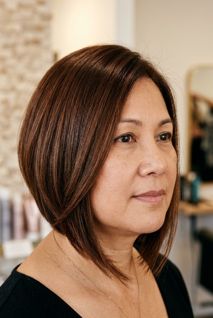 Angled bob haircut framing a round face for a younger look