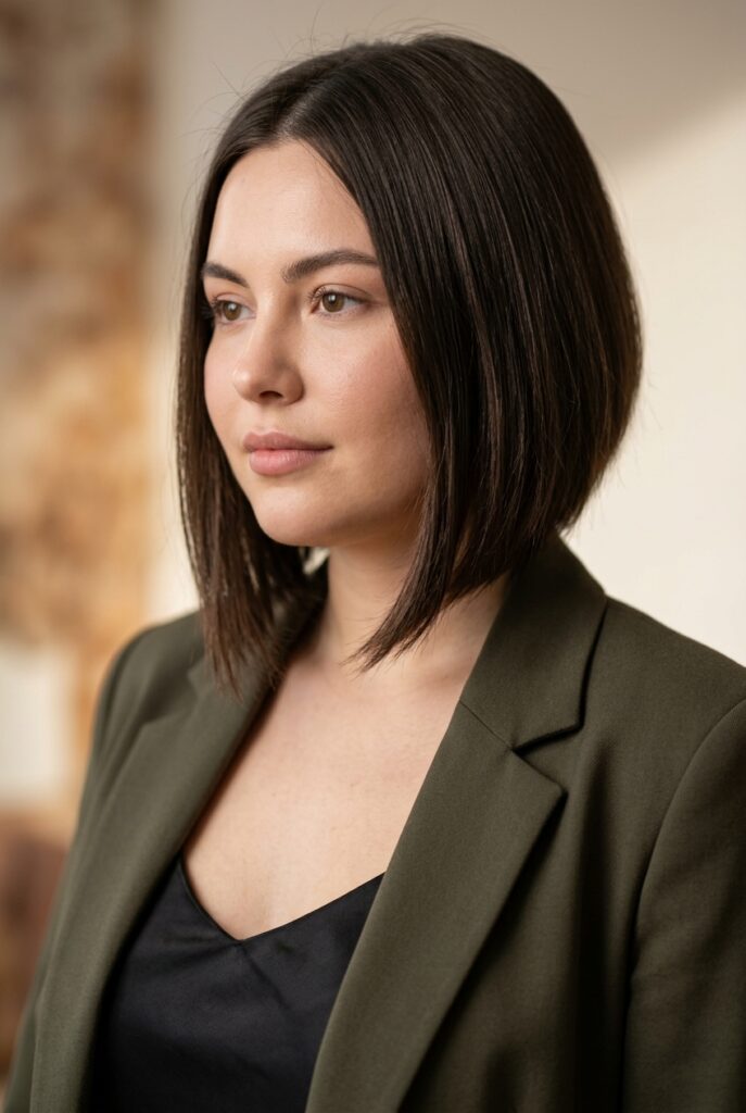 Angled bob haircut with forward angle on a round face