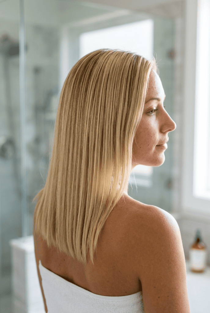 Apple Cider Vinegar for Clarity and Shine Clean glossy blonde hair with bright shine after a vinegar rinse