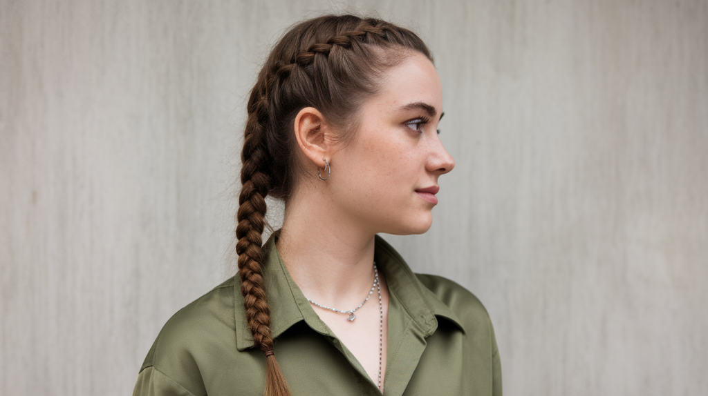 Bosnian woman with a square face shape wearing a green shirt and a necklace.