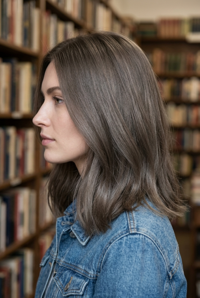 Woman with cool toned ash brown hair wearing a denim jacket in a bookstore