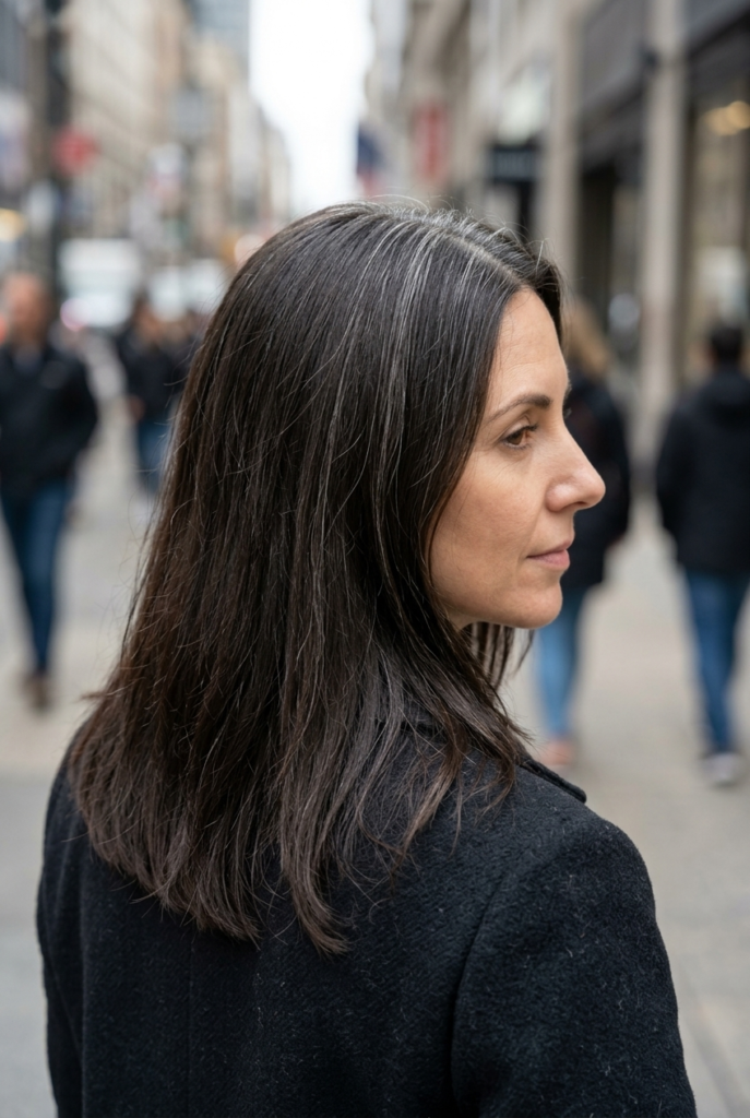 Fine babylights along the part blending gray on dark hair