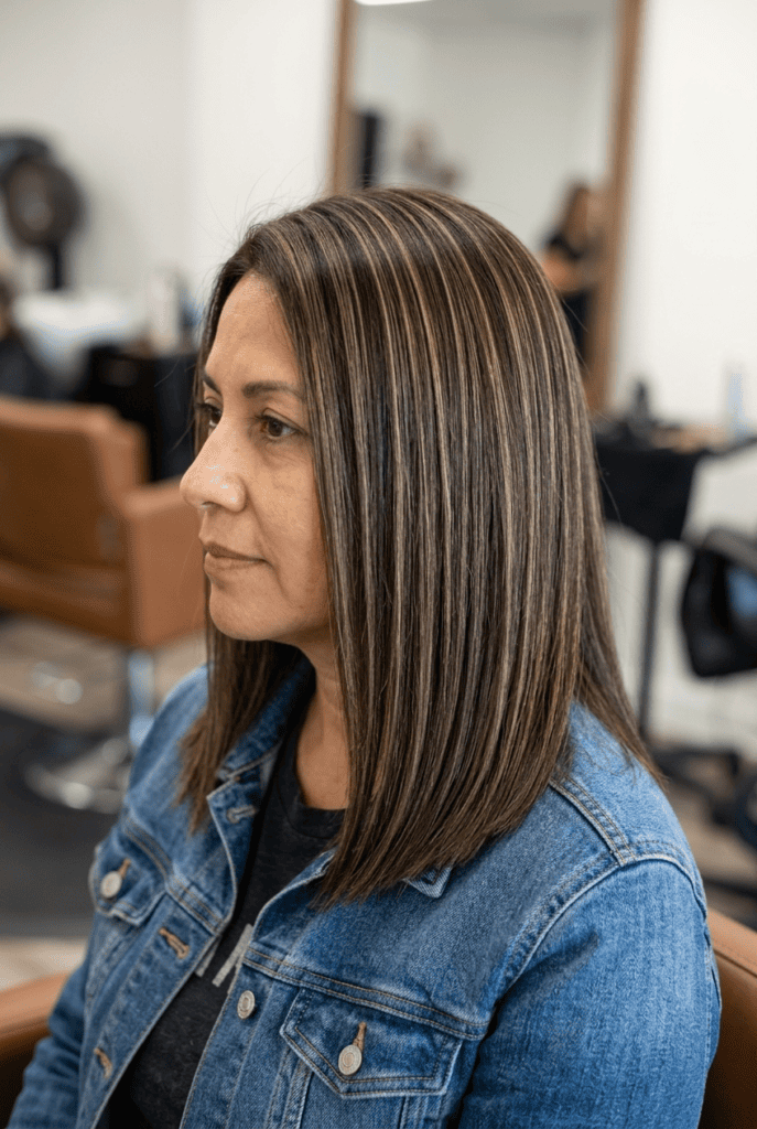 Ask for Foil Highlights for Full Coverage Mature woman with dark brown hair and full foil highlights blended evenly throughout