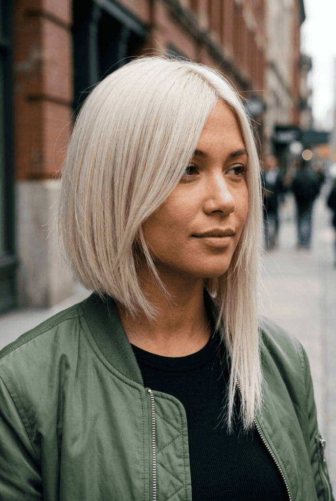Woman with asymmetrical bob haircut showing uneven length sides