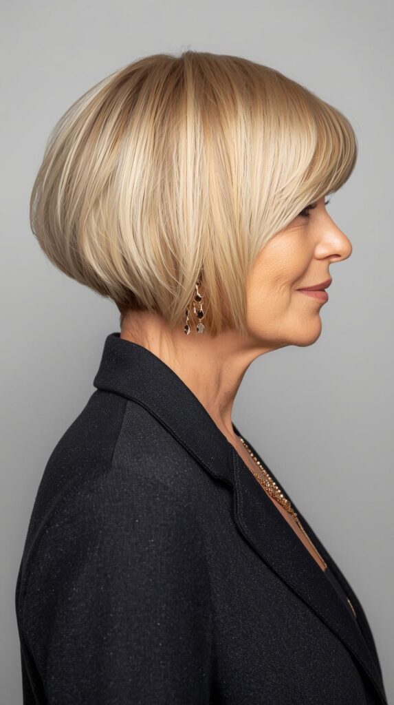 Asymmetrical Bob, woman in her 50s, side profile
