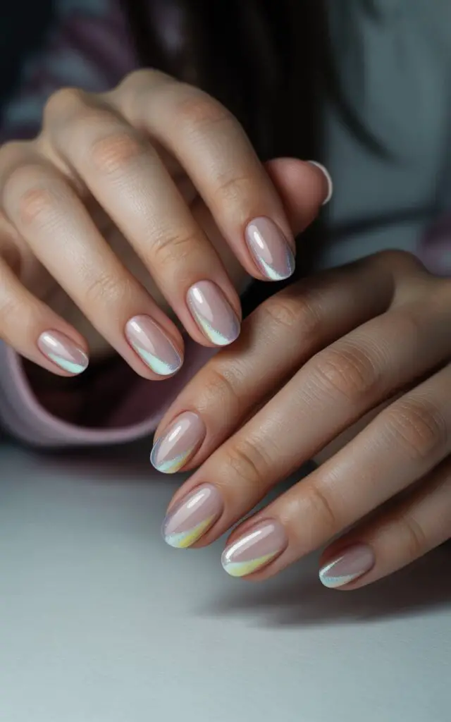 Full closeup to female hands with aura nail art featuring soft color halo radiating from nail center, dreamy gradient effect fading outward, pastel pink and white blended design, ethereal glowing appearance.