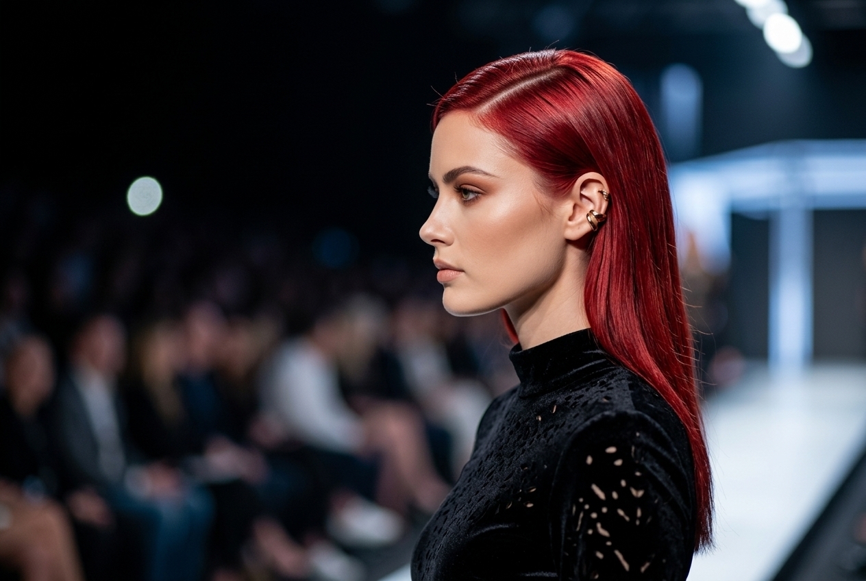 Australian fashion parade female model with vibrant red hair dye