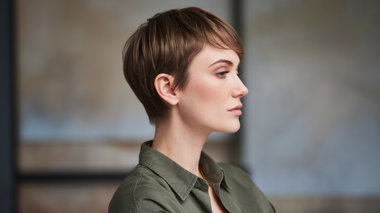 woman with a pixie haircut. She has short brown hair and is wearing a green shirt