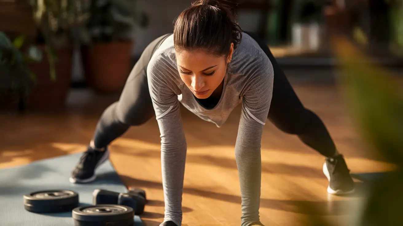 A photo of a Colombian woman doing a HIIT cardio workout in warm lighting. She is wearing a grey top and black leggings. She is standing on a wooden floor. There are weights and a yoga mat near her. The background is blurred and contains plants.