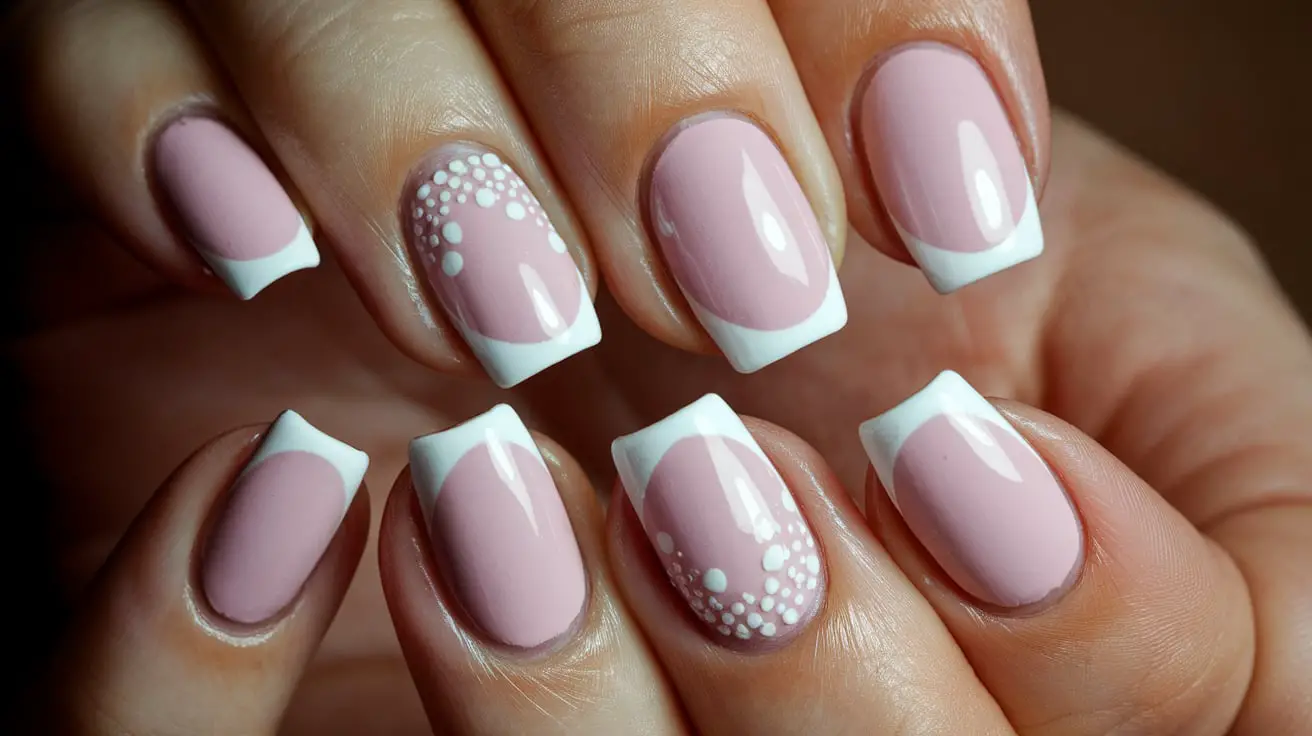 A photo of medium length nails with a warm lighting. The nails are painted in a light pink colour with white tips. There are small, white polka dots on each nail. The nails have a glossy finish. The background is dark.