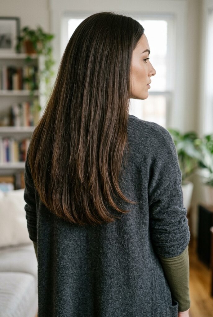 Back view of female model with thick hair in a U-cut showing the soft rounded U-shaped perimeter at the ends