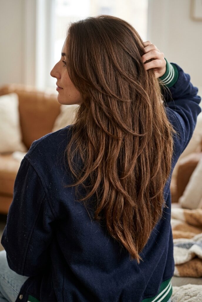 Back view of female model with thick hair in a V-cut showing a defined pointed back and cascading layers creating a waterfall effect