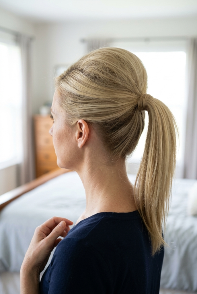 Backcomb the Crown Before You Tie It Up Woman with a high ponytail showing backcombed volume lifted at the crown