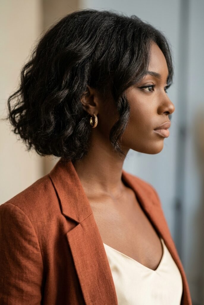 Bahamian woman with a wavy Italian bob haircut